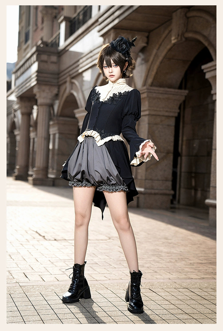 With PUJI - Night Feast - Gothic Lolita Suit Ouji Lolita Tailcoat Tiered Skirt Shorts