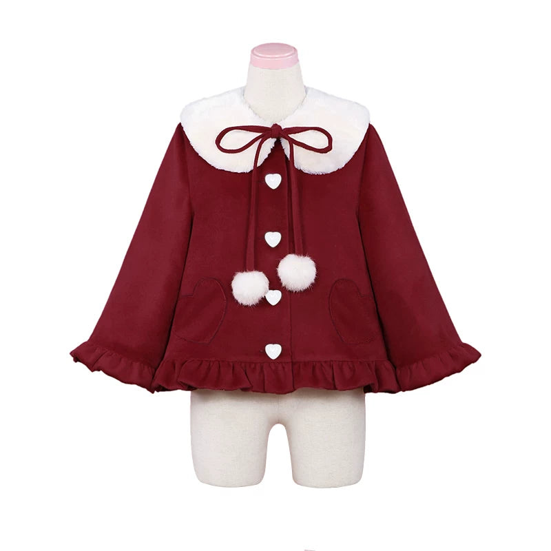 Cloudy Fluffy - Kawaii Lolita Coat, Detachable Plush Collar (酒红 / M S) 44644:816880
