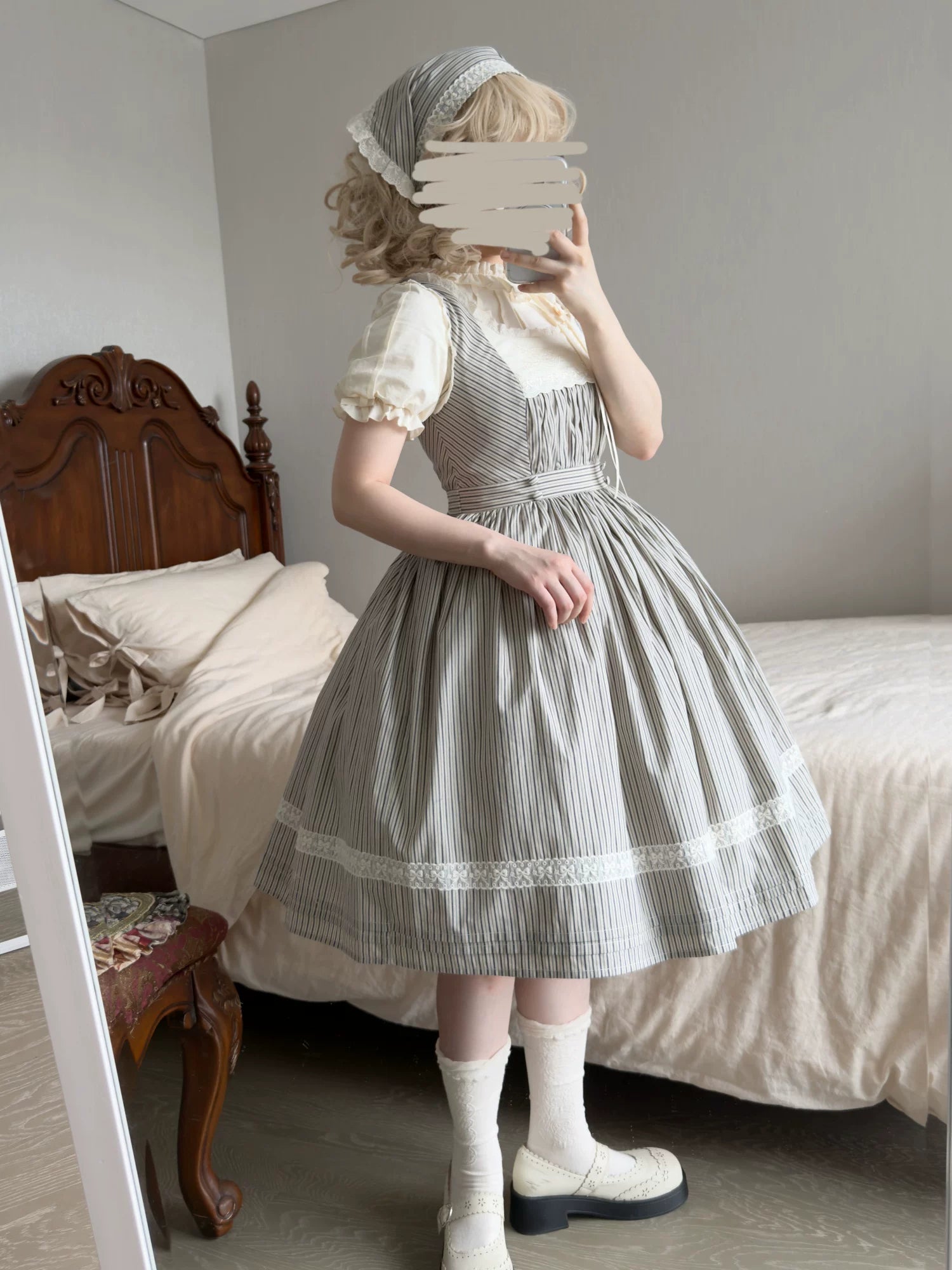 Stripe Minuet - Classic Lolita Striped JSK Dress, Embroidered Neckline 45317:844826
