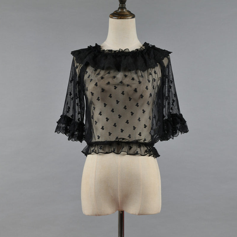 Niu Niu - Plus Size Lolita Shirt Lace Mesh Blouse M black