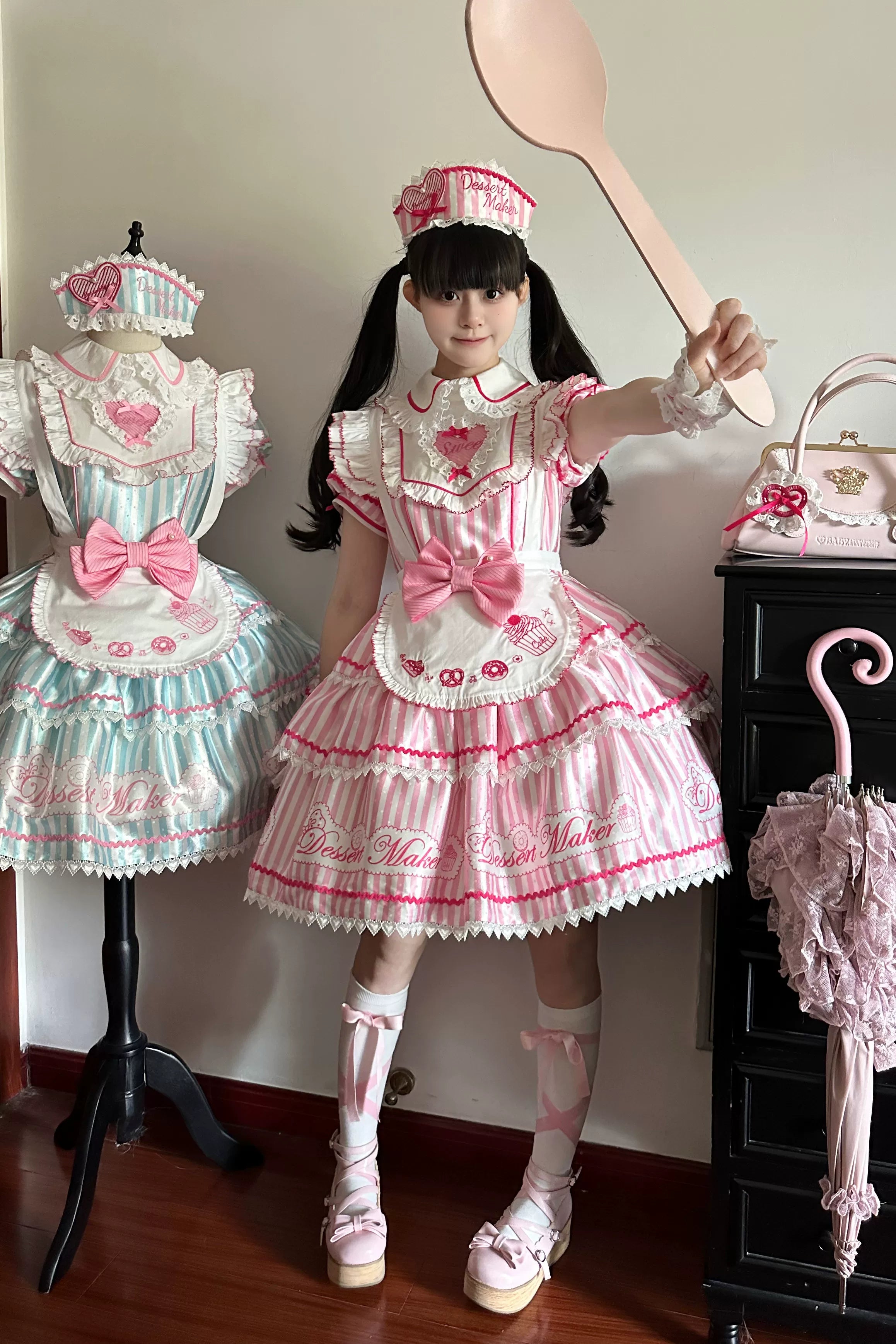 Sweet Butler - Maid Lolita Striped OP Dress, Embroidered Collar 45379:851057