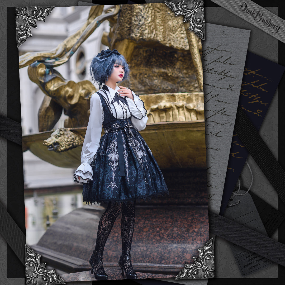 DuskProphecy - Coccyx - Elegant Lolita Dress High Waist Fishbone Print JSK Set 34722:466412