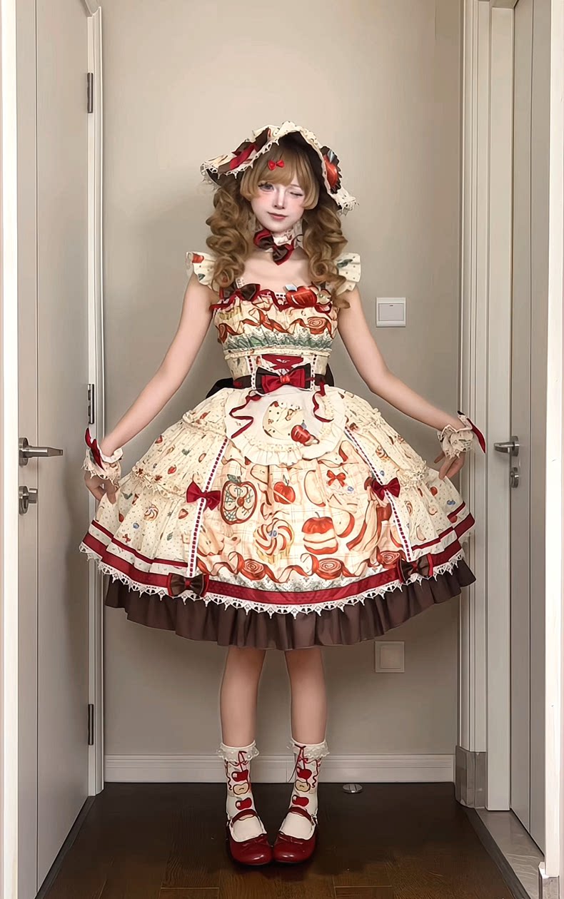 Maple Apple Tart - Sweet Lolita JSK Dress Set, Apple Pie Print (JSK / L M S XL) 46100:875118
