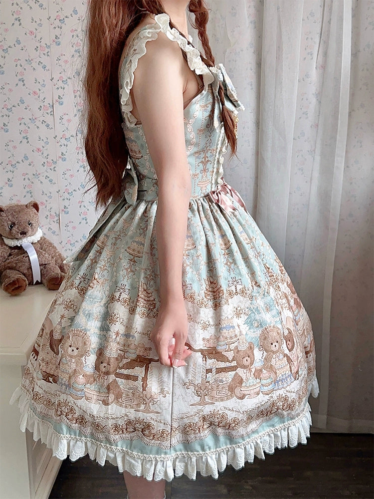 Wendy's Wardrobe - Macaron Bear - Cotton Kawaii Lolita Dress Suit, Bear & Dessert Print