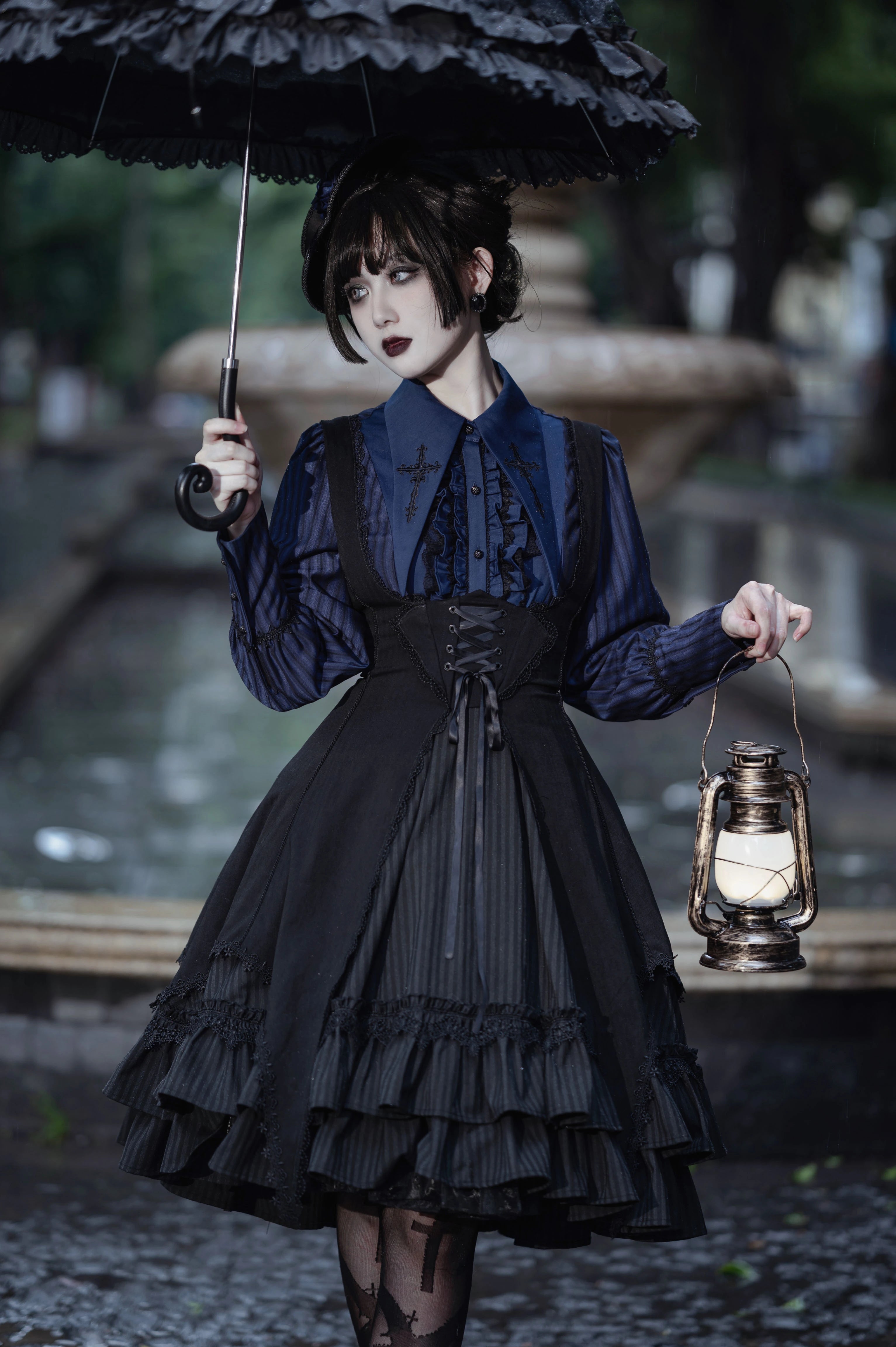 Gothic Lolita OP Dress Cross Embroidery Tiered Hem – 42Lolita Gothic Lolita OP Dress Cross Embroidery Tiered Hem – 42Lolita