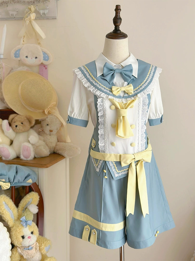 Forest Fluorescent Carps - Small Animal Team - Ouji Lolita Suit Male Lolita Shirt Shorts S Mint (overalls + false collar + shirt + bow tie)