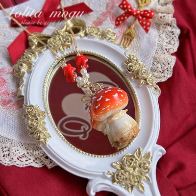 Bear Doll~Handcraft Kawaii Lolita Mushroom Necklace gold bow round head mushroom  