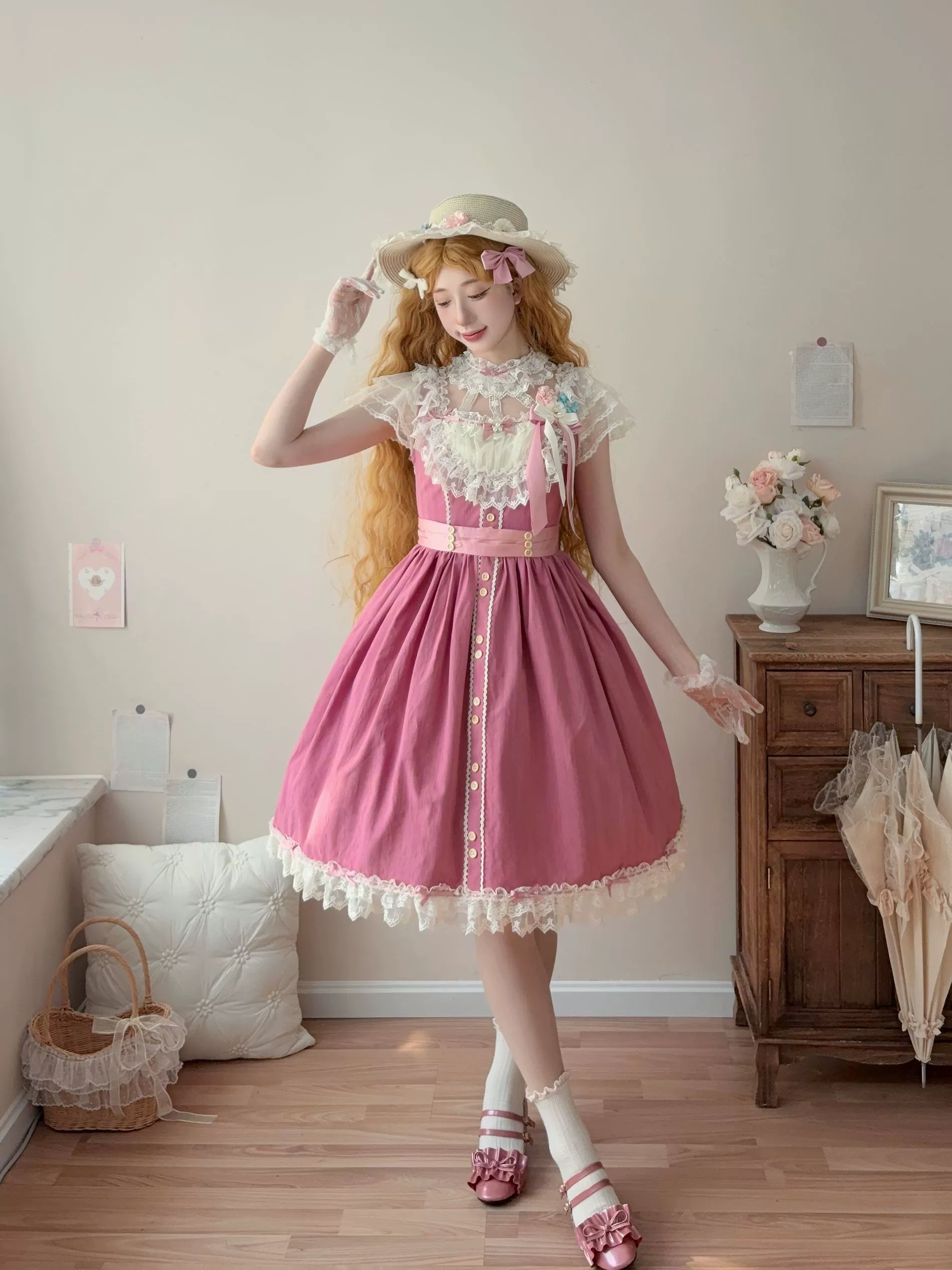 Fluttering Cherry Spring Strings - Cotton Sweet Lolita JSK Dress Short - Rose Pink - JSK Only (dress+waist tie) S
