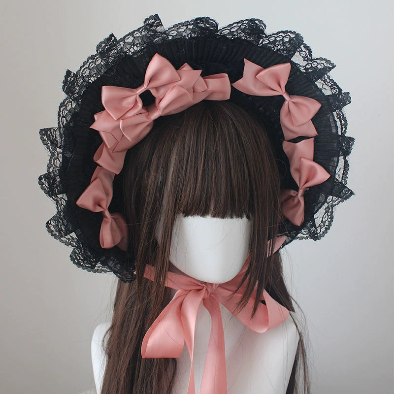 Deer Girl - Gothic Lolita Handmade Bonnet with Bows and Beads smoke pink bow-tie style