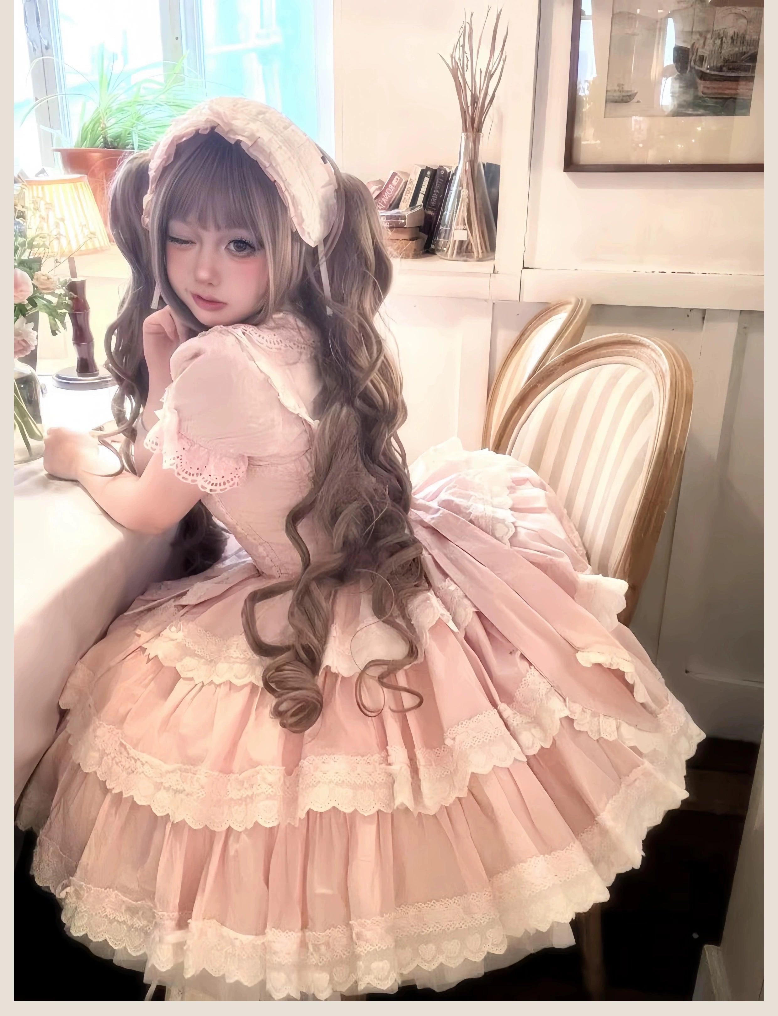 Otome Heart - Cotton Old School Lolita JSK Dress Suit, Heart-Shaped Lace Trim 43381:774544