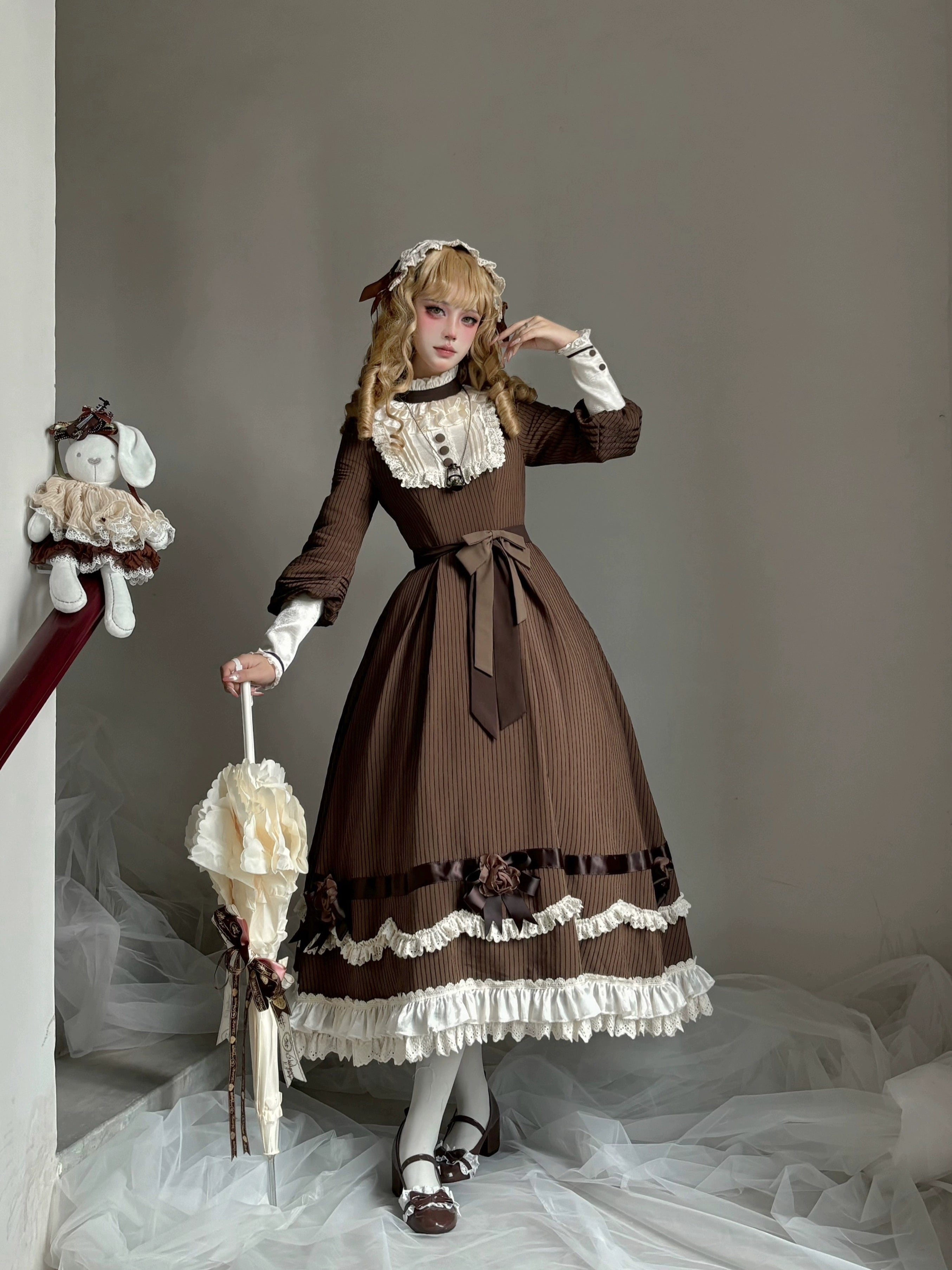 Muyu Handmade Studio - Evening Whispers of London - Brown Classic Lolita OP Dress, Mermaid Skirt Outfit 43993:791982