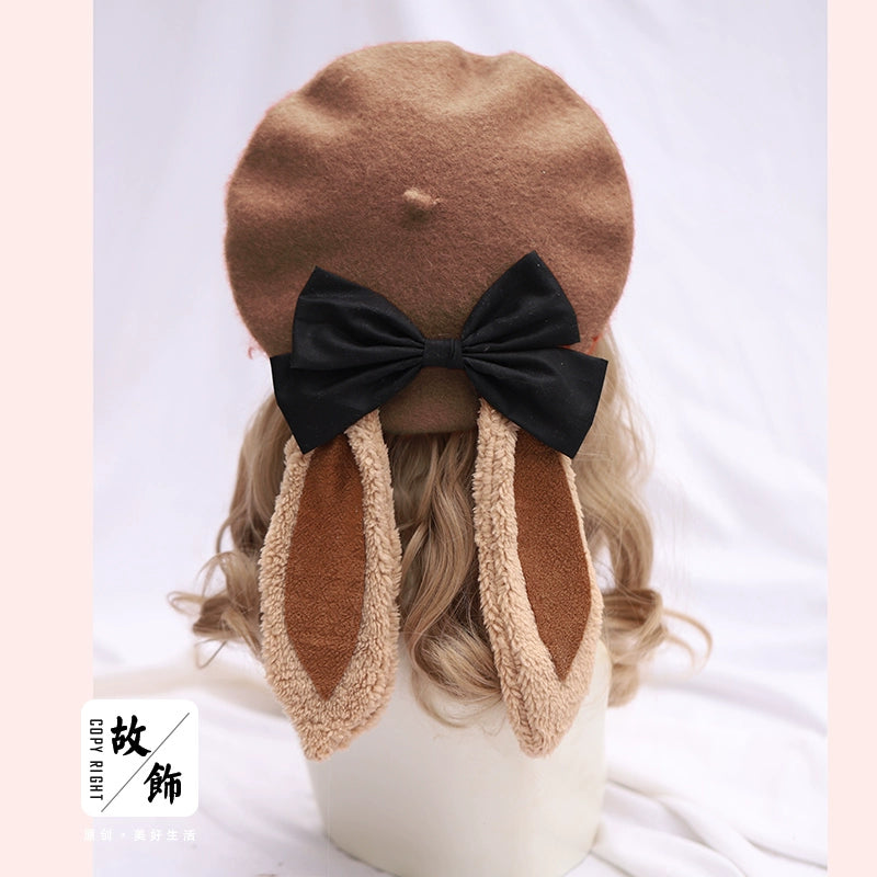 The Accessories' Story - Kawaii Lolita Beret, Detachable Bunny Ears & Bow (M / Khaki) 44235:800166