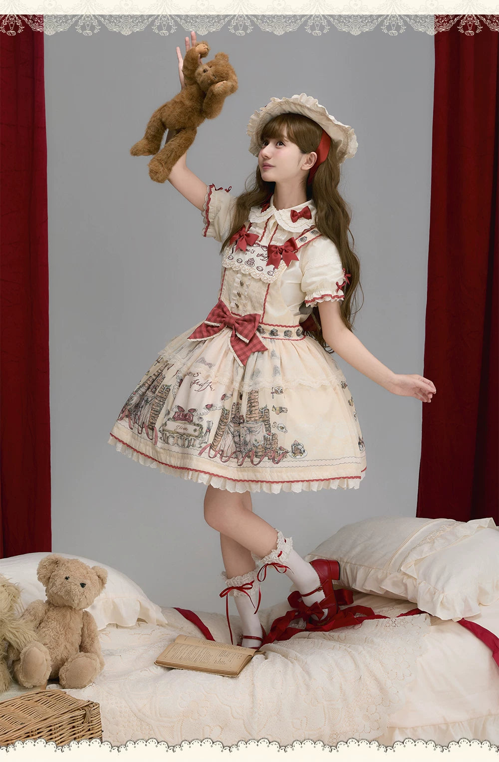 Pancake Postman - Kawaii Lolita Printed OP & Salopette Dress, Lace & Bows 45174:838619