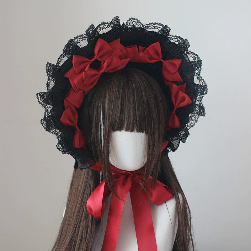 Deer Girl - Gothic Lolita Handmade Bonnet with Bows and Beads wine red bow-tie style