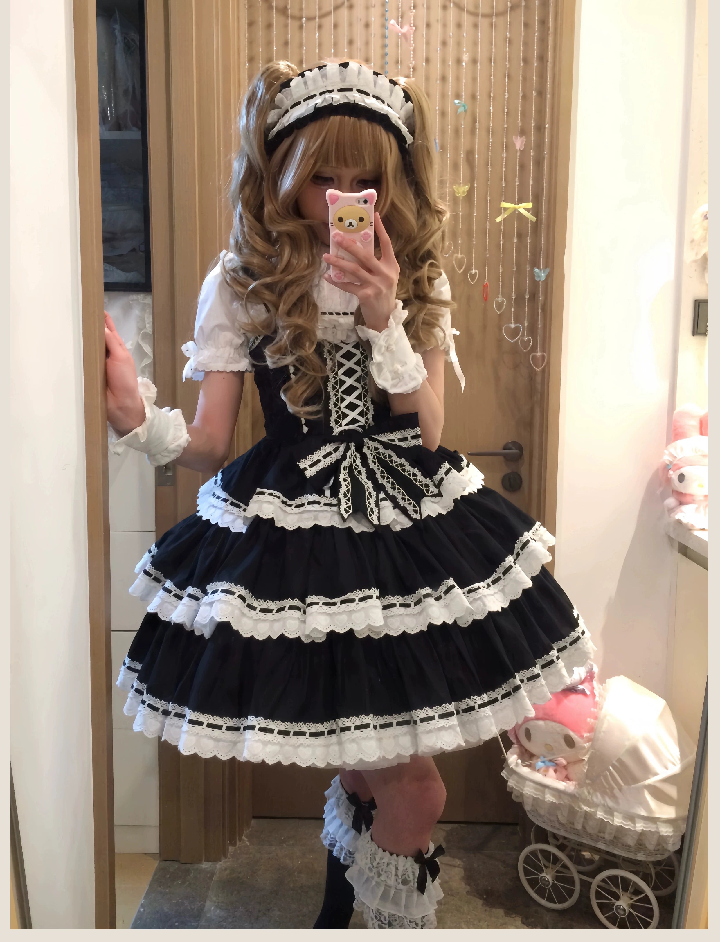 TaTaTa Lolita - Otome Heart - Cotton Old School Lolita JSK Dress Suit, Heart-Shaped Lace Trim Black JSK + Black Headband S