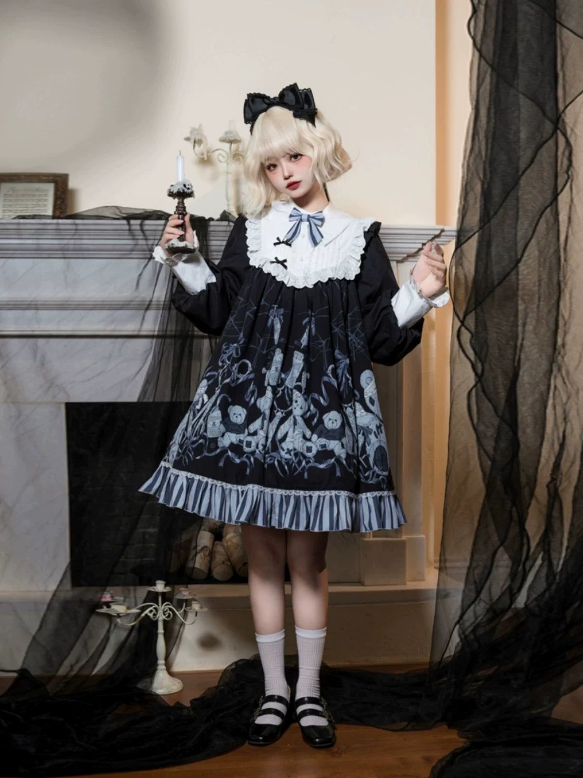Bandage Bear - Gothic Lolita Long-Sleeve OP Dress, Teddy Bear Print (L M S) 45908:867381
