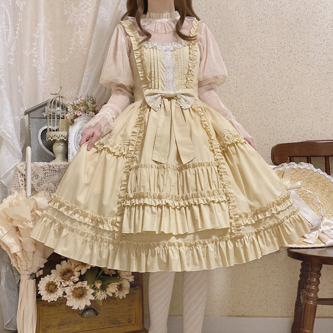 Cheese Cocoa - Doll Story - Cotton Lolita JSK Dress Open Front Kawaii Shirt S apricot JSK