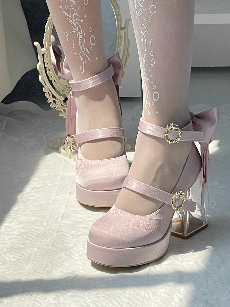 Dreamland - Floating Koi Land - Satin Classic Lolita Platform Shoes, Transparent Heel 44317:804053