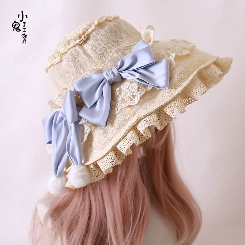 Xiaogui - Retro Lolita Hat Lace Handmade Doll Hat with Multicolor Bows One Size beige hat with blue bow