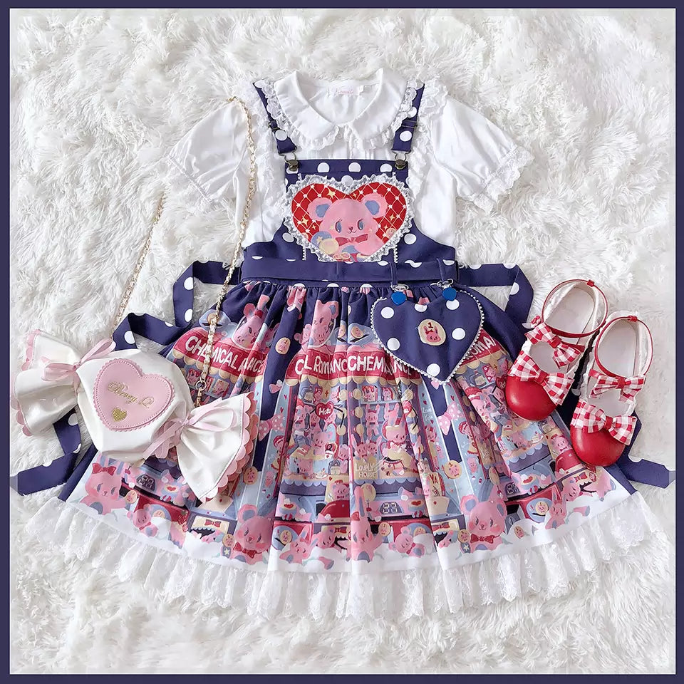 Chemical Romance - Sweetheart Doll Machine - Sweet Lolita Printed Salopette S with lace cyanotic