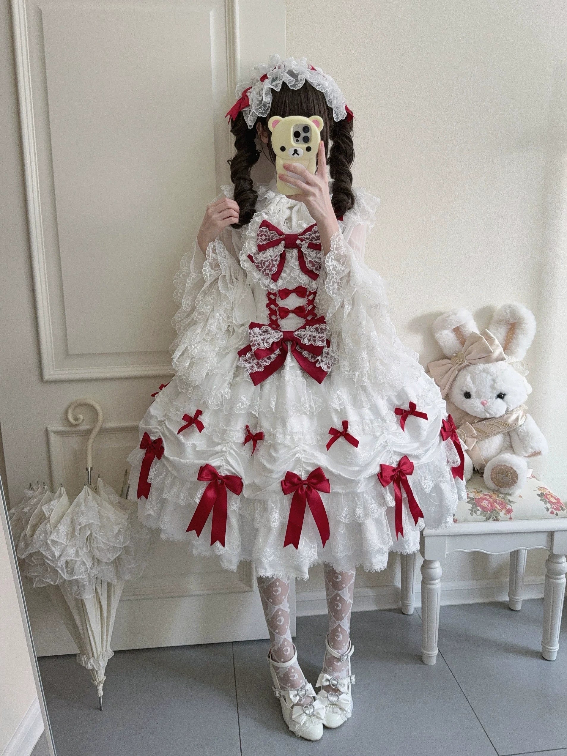 Satin Gift Box - Sweet Lolita JSK Dress, Bows and Layered Lace White-red JSK + Back Trailing Bow + Hairband S