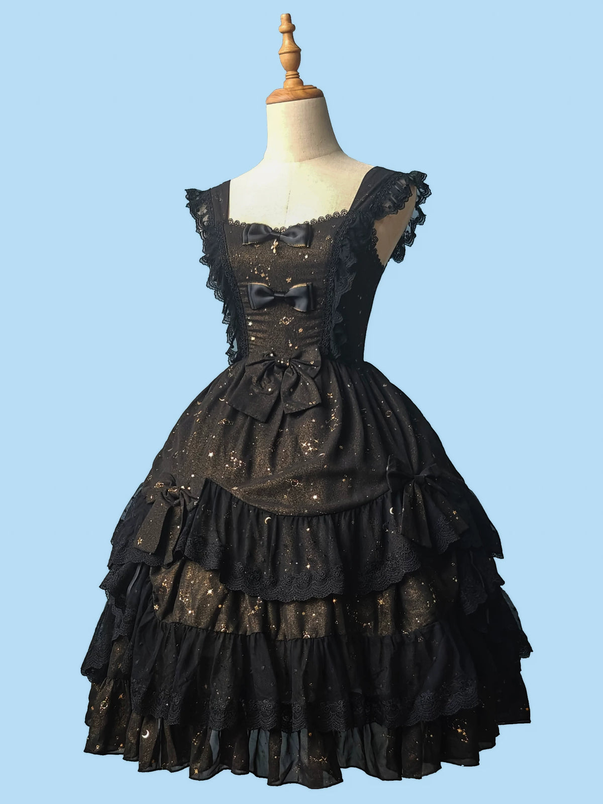 Star Wish - Classic Lolita JSK Dress, Gold Foil Constellation Chiffon (Black / L M S XL) 45954:869302