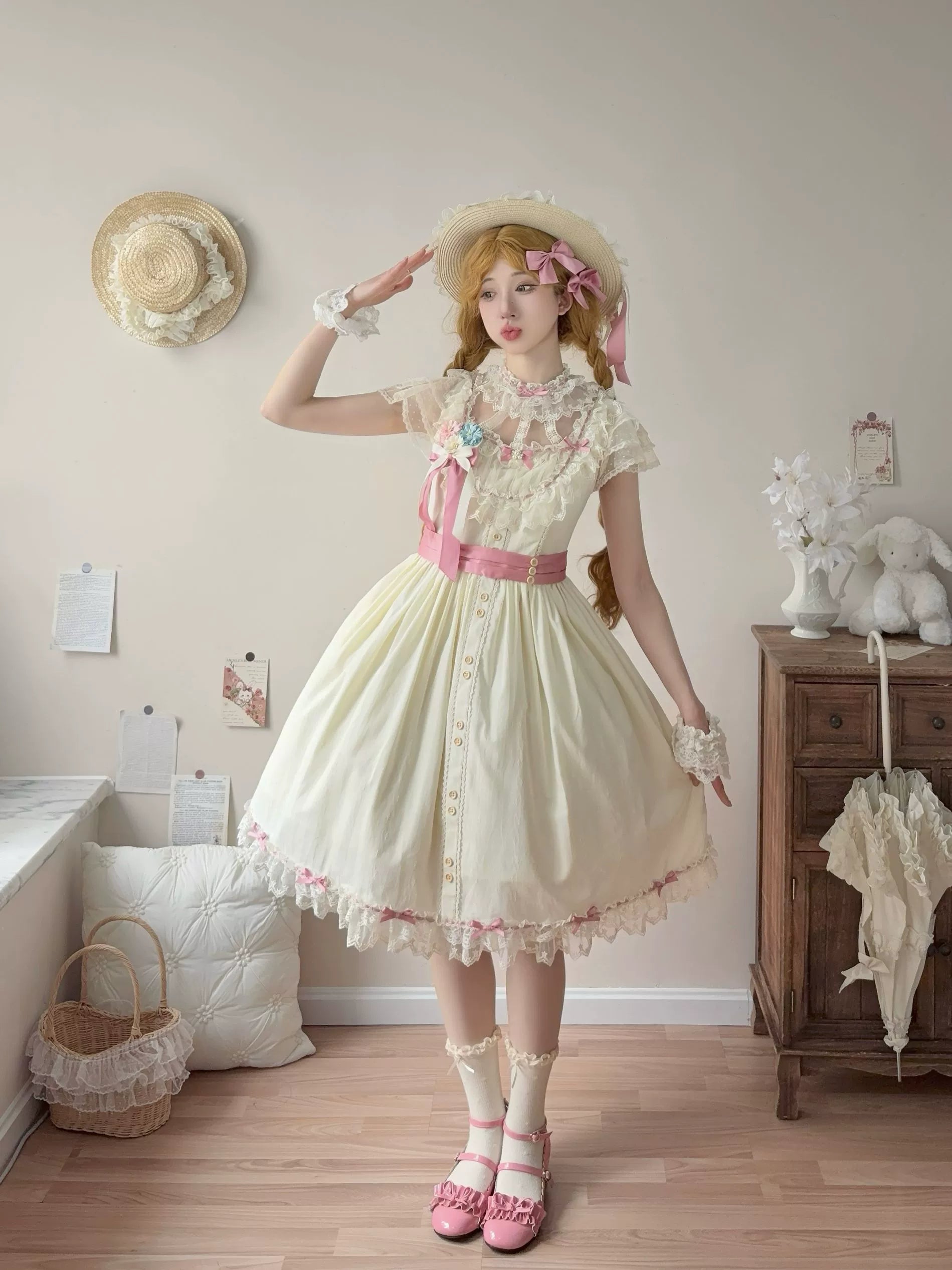 Uncle's Workshop - Fluttering Cherry Spring Strings - Cotton Sweet Lolita JSK Dress 42196:776664