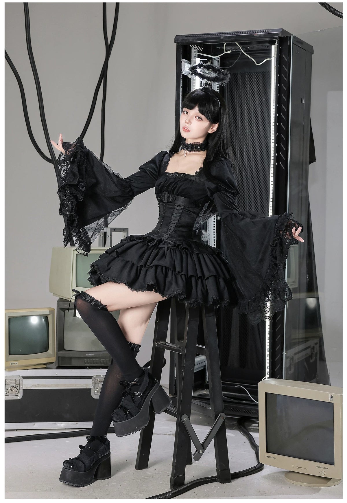 White Night Feather - Gothic Lolita OP Dress & Leg Warmers Set, Angel Cross Theme 46055:874000