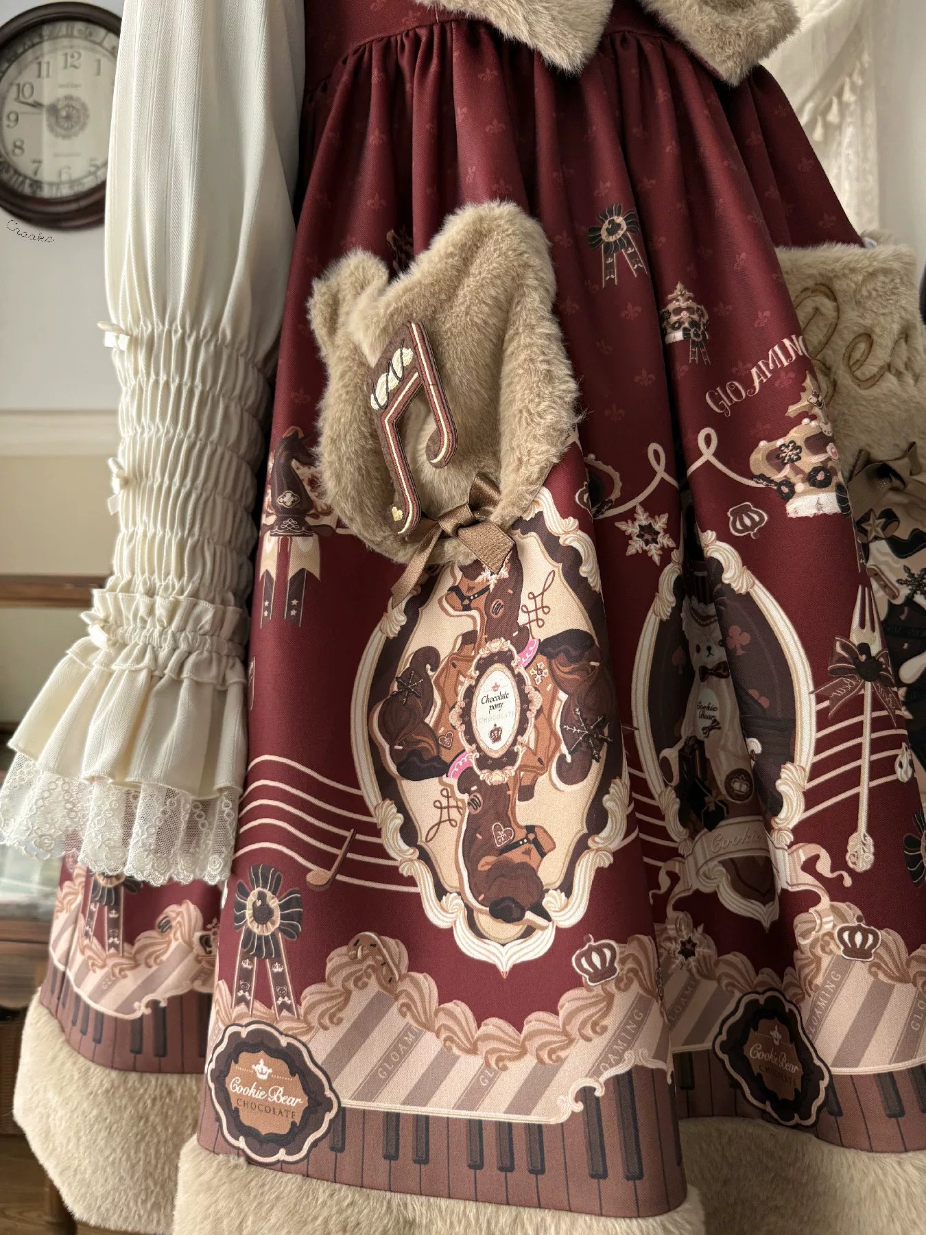 Cream Bear - Print Kawaii Lolita Fake Two-Piece OP, A-lined JSK Dress 44502:811666