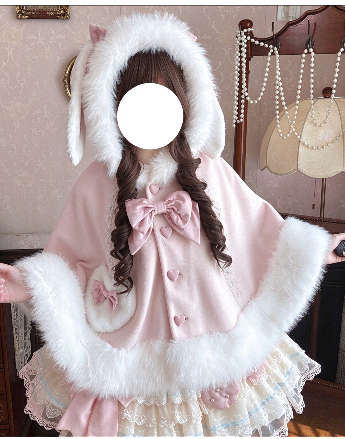Floppy Bunny Ear -Sweet Lolita Winter Fleece-Lined Cape Coat with Bunny Ears