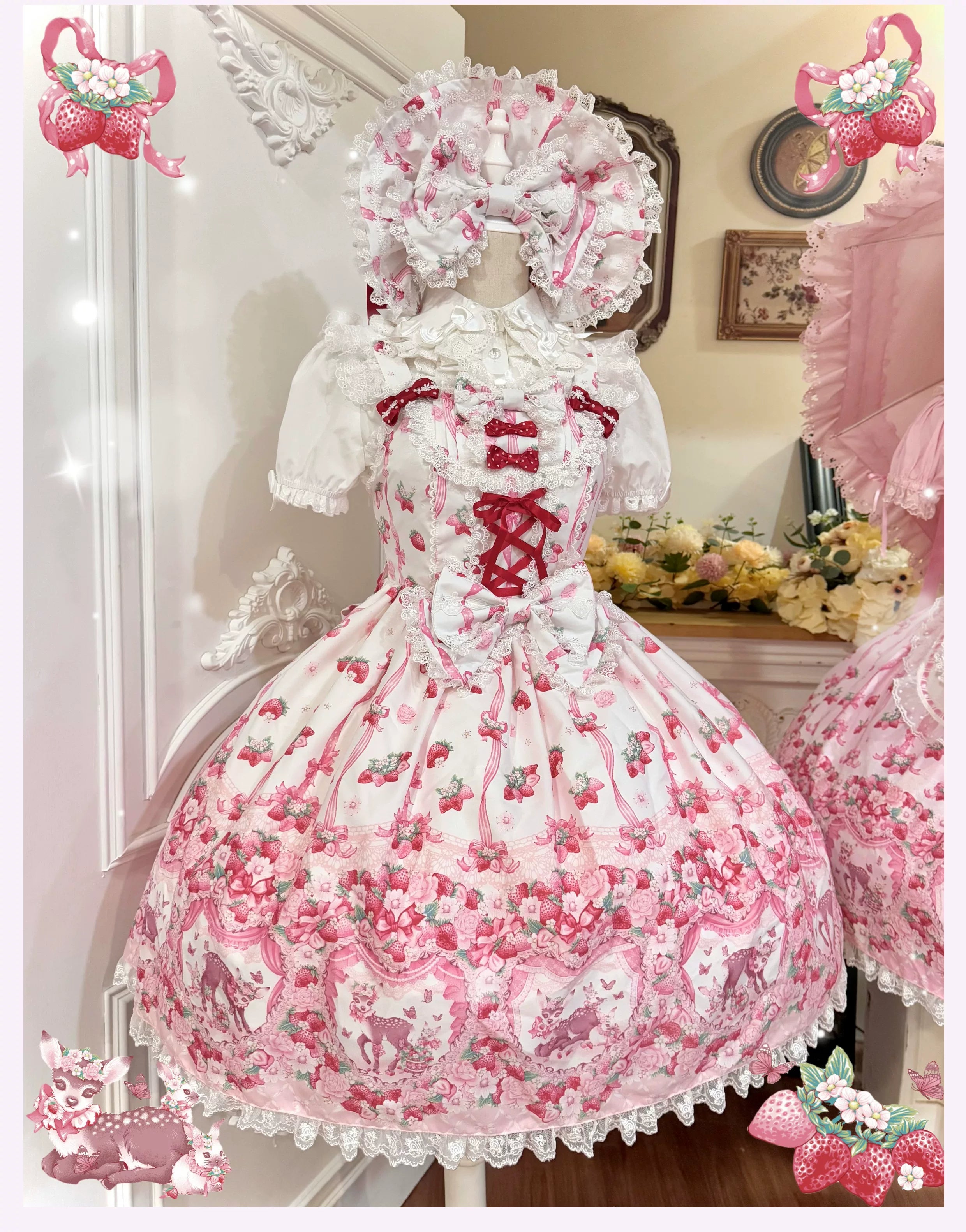 Deer Strawberry Garden - Old School Lolita Deer & Strawberry Printed JSK Dress (L M S XL) 45681:860578