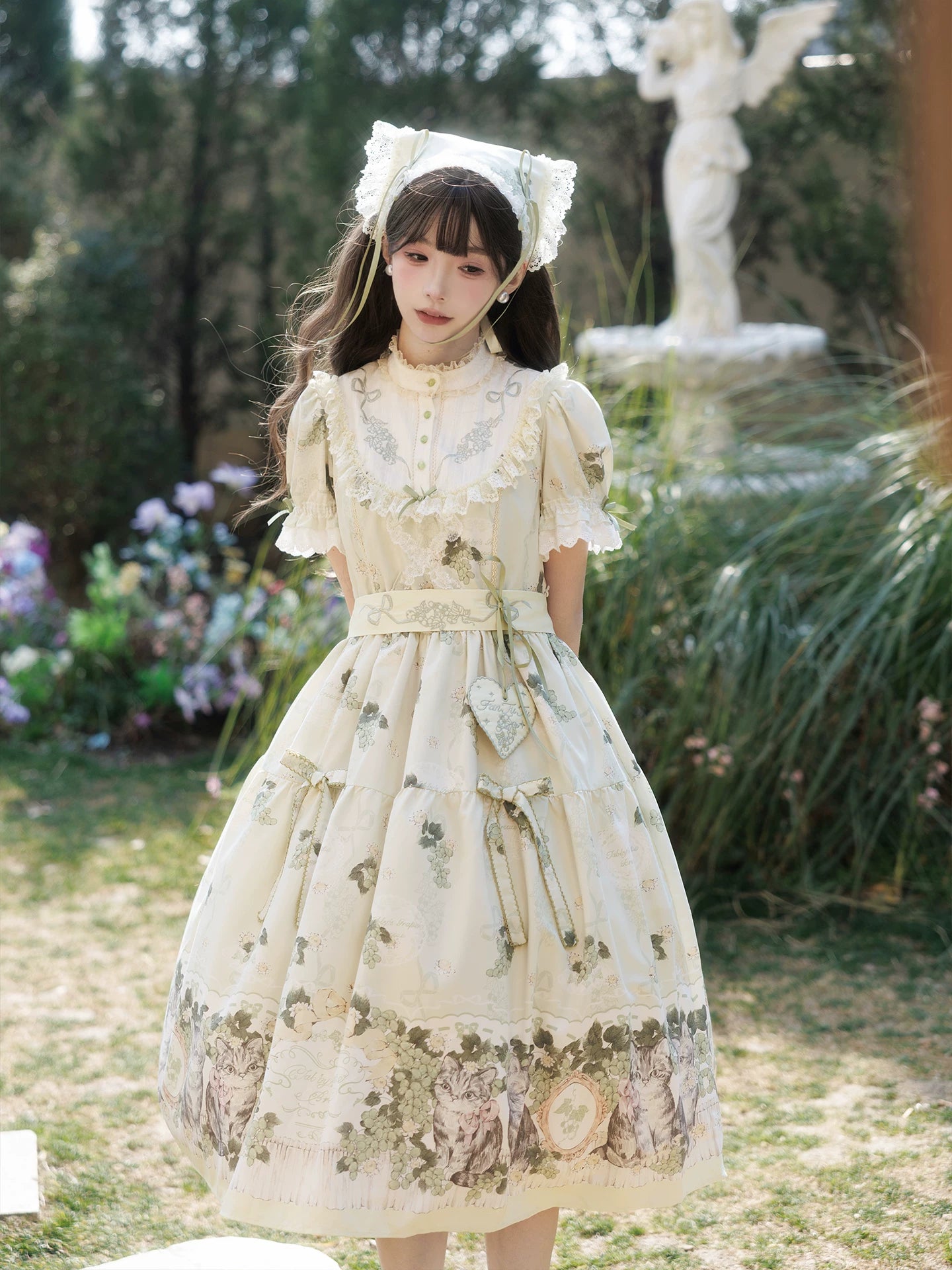Grape Garden Cat - Classic Lolita Printed JSK Dress, Short Sleeve OP