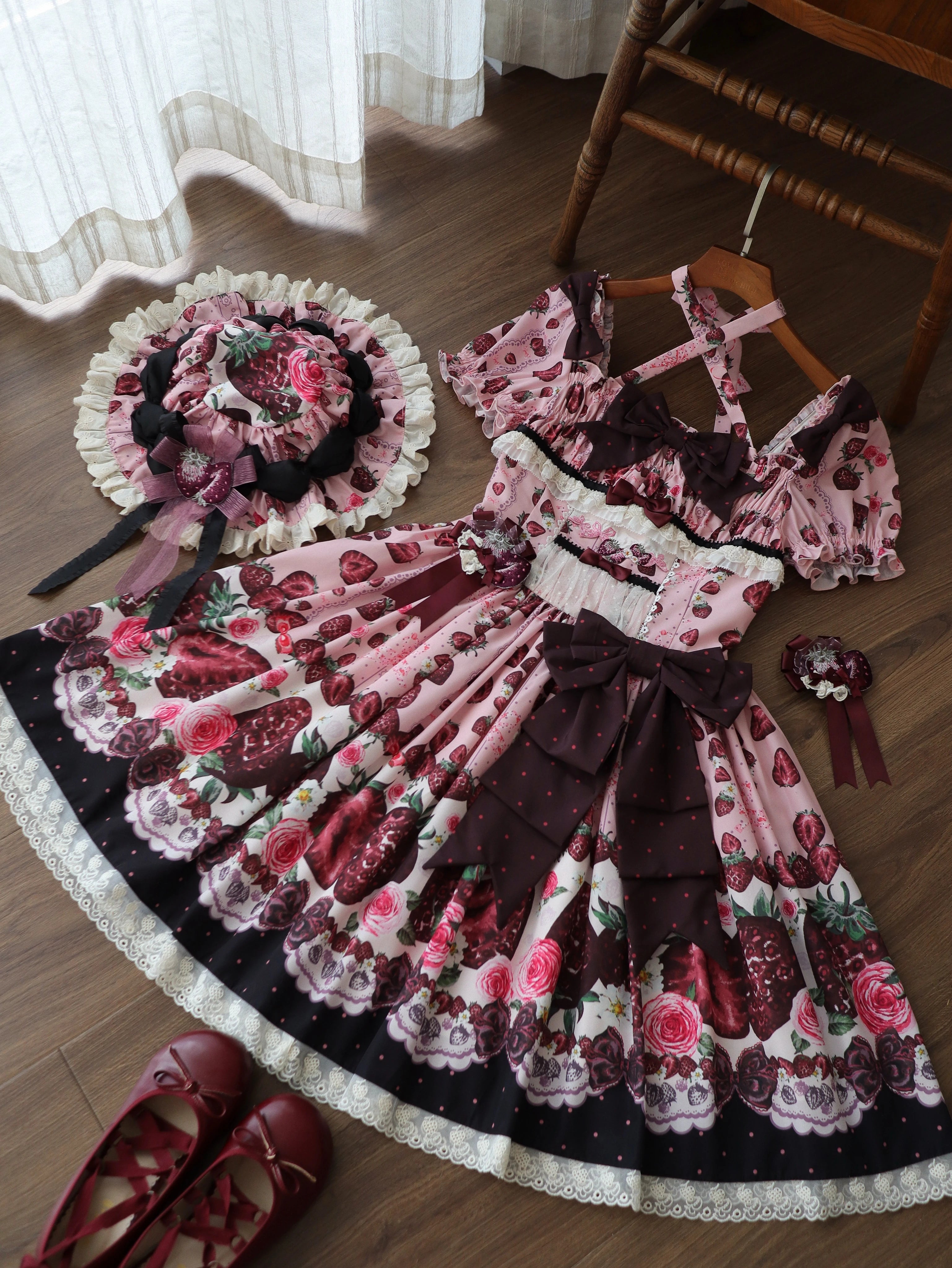 Dark Berry Fairytale - Cotton Sweet Lolita Strawberry Printed OP & JSK Dress (L M S XL) 45629:856413