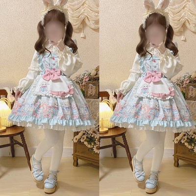 Cinderella~Goat Baa Bedtime Story~Kawaii Lolita JSK light blue set ( dress+ side clip +apron+ blouse) S 