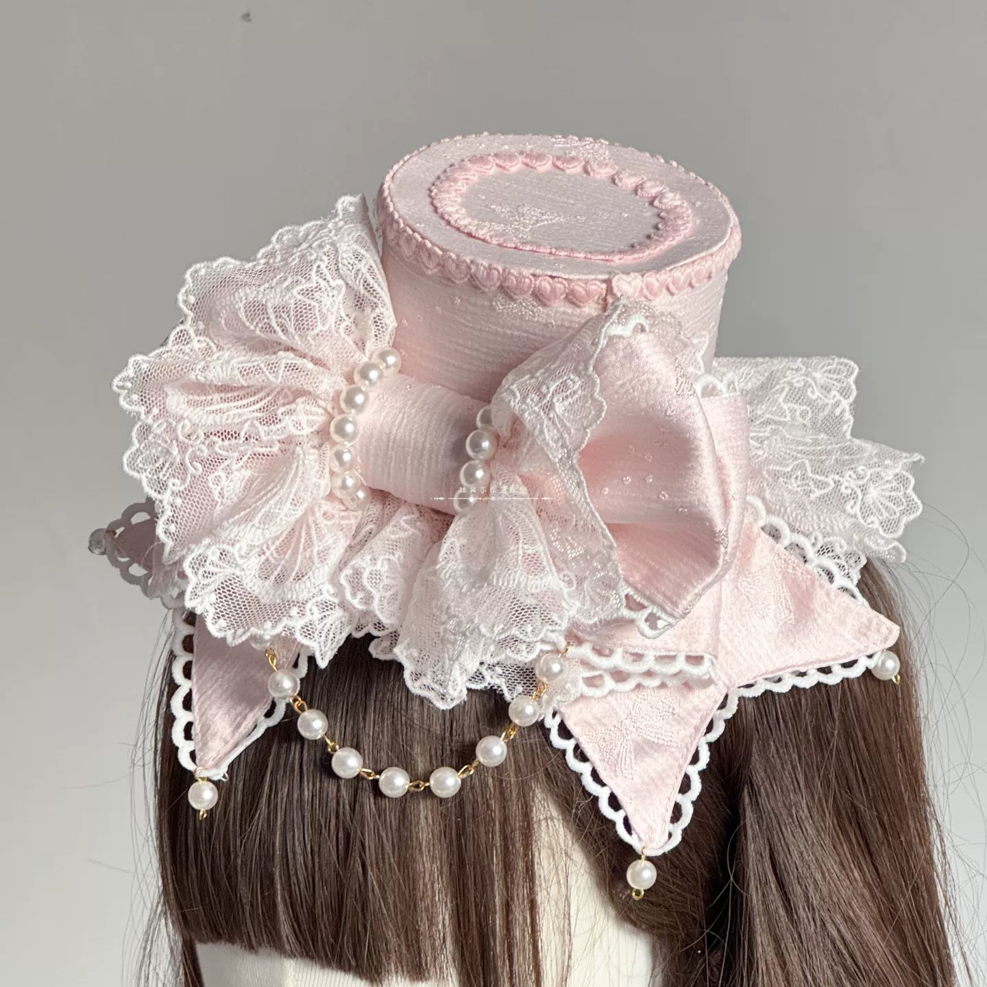 Sweet Lolita Bowknot Top Hat, Lace & Pearl Detail