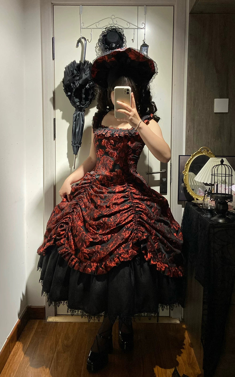 Midnight Lily - Gothic Lolita Lily Jacquard JSK Dress, Drawstring Lift-up Hem 45765:861823