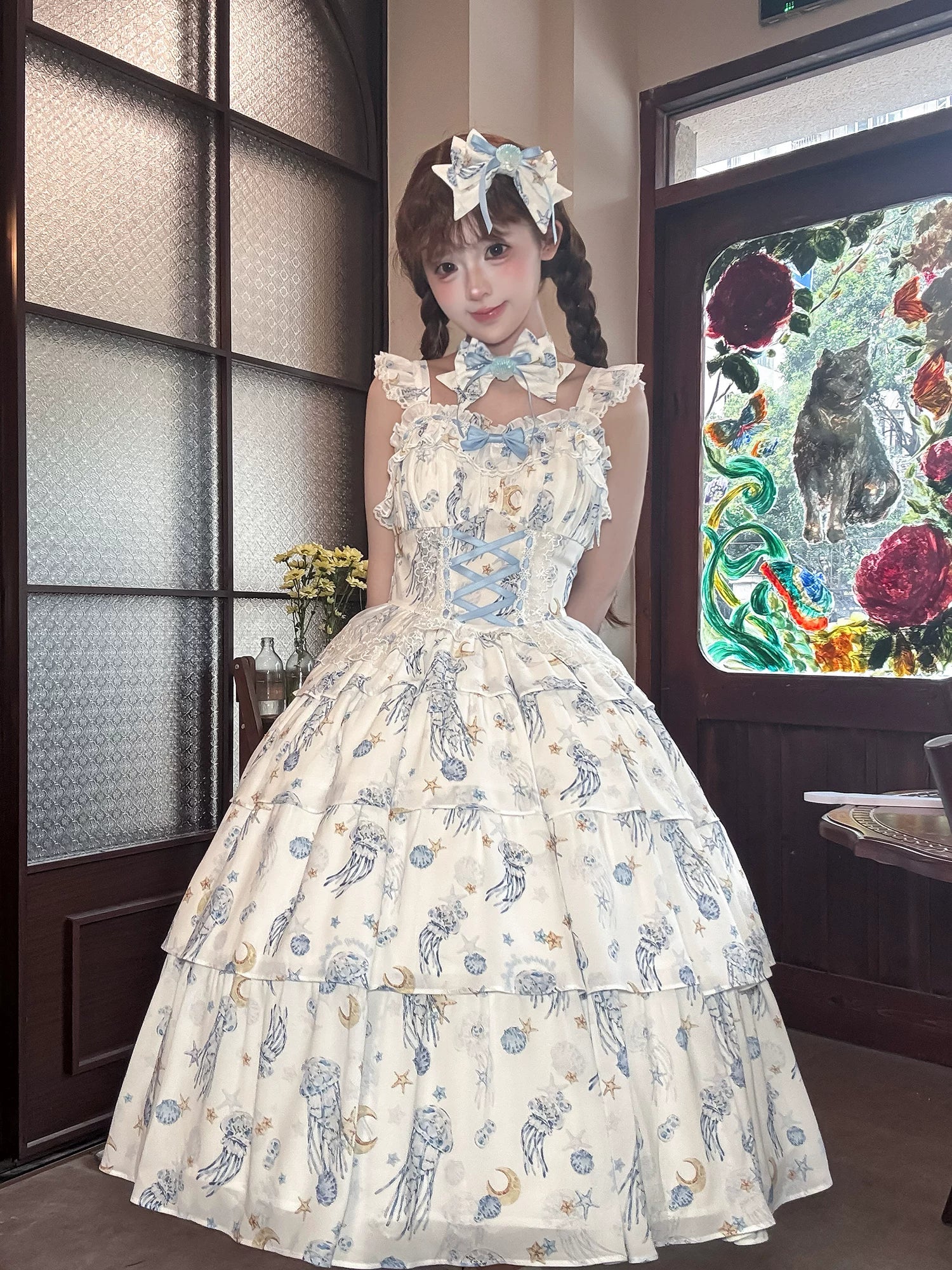 Starry Jellyfish - Printed Classic Lolita JSK Dress, Short Sleeve OP