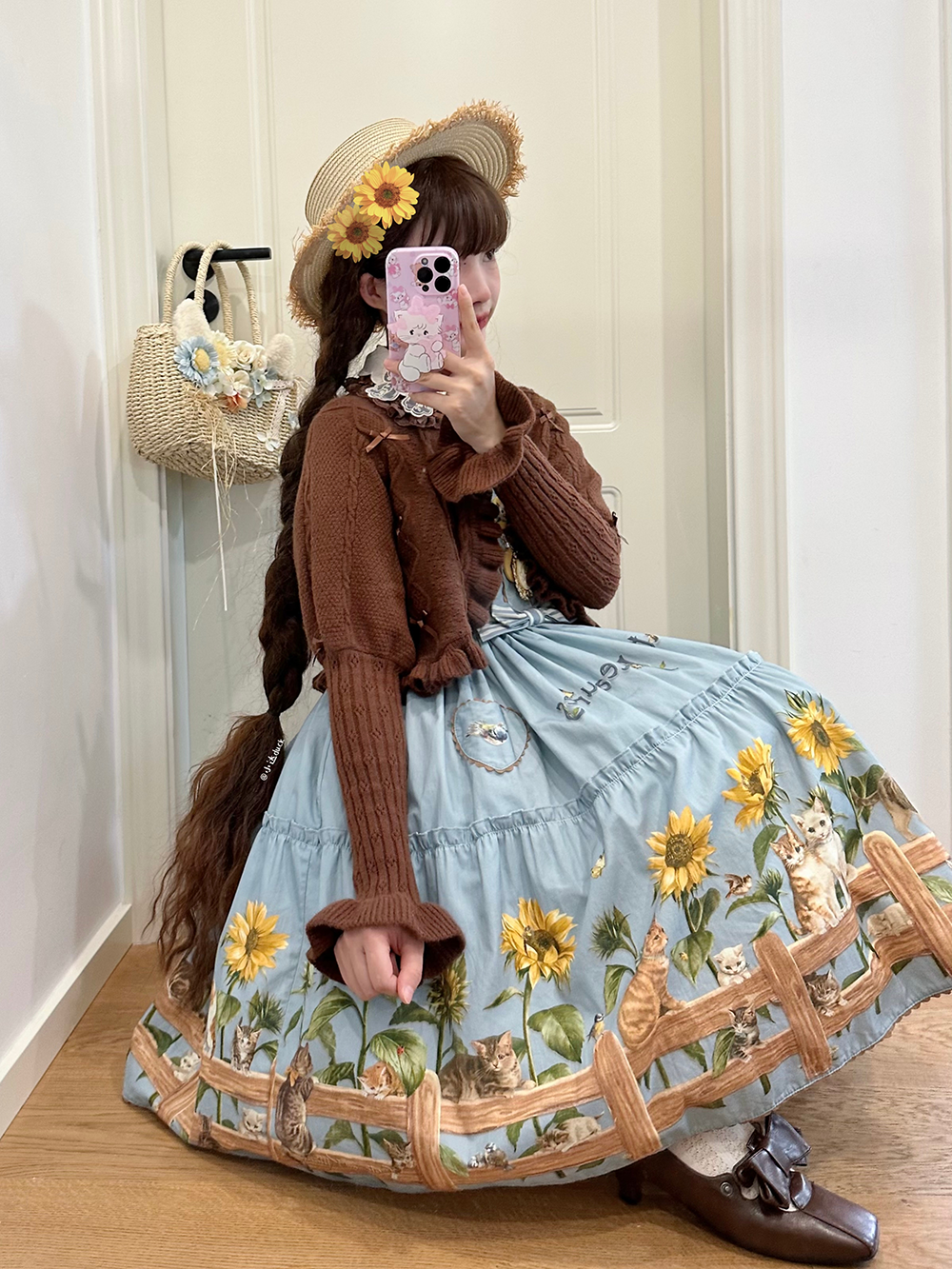Polaris Lolita - Cat and Sunflower - Sweet Lolita JSK Cat and Sunflower Print Dress and Headdress Set