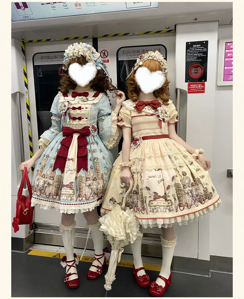 Pancake Postman - Kawaii Lolita Printed OP & Salopette Dress, Lace & Bows 45174:838666
