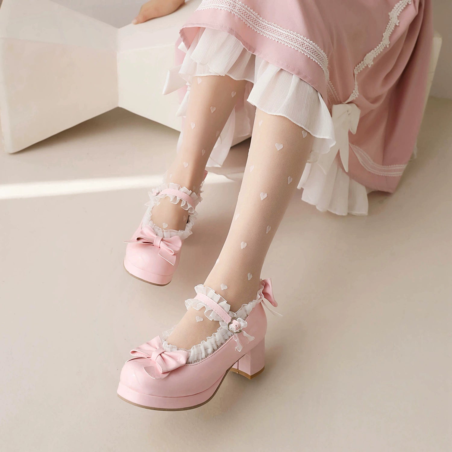 Yana - Rainbow Yana - Sweet Lolita Shoes, Lace & Bow Design Pink 36