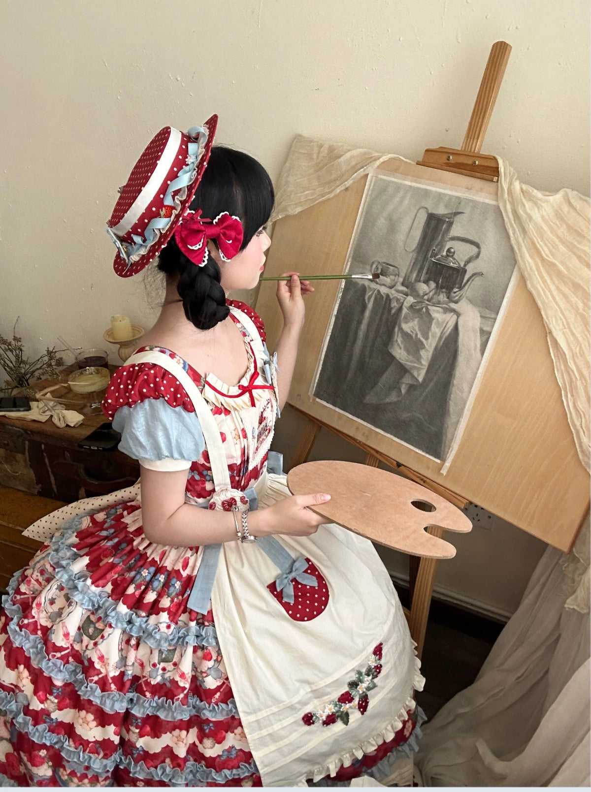 Rose Whispers - Strawberry Tata - Sweet Lolita Dress Suit With Strawberry Cake Print 43173:769195