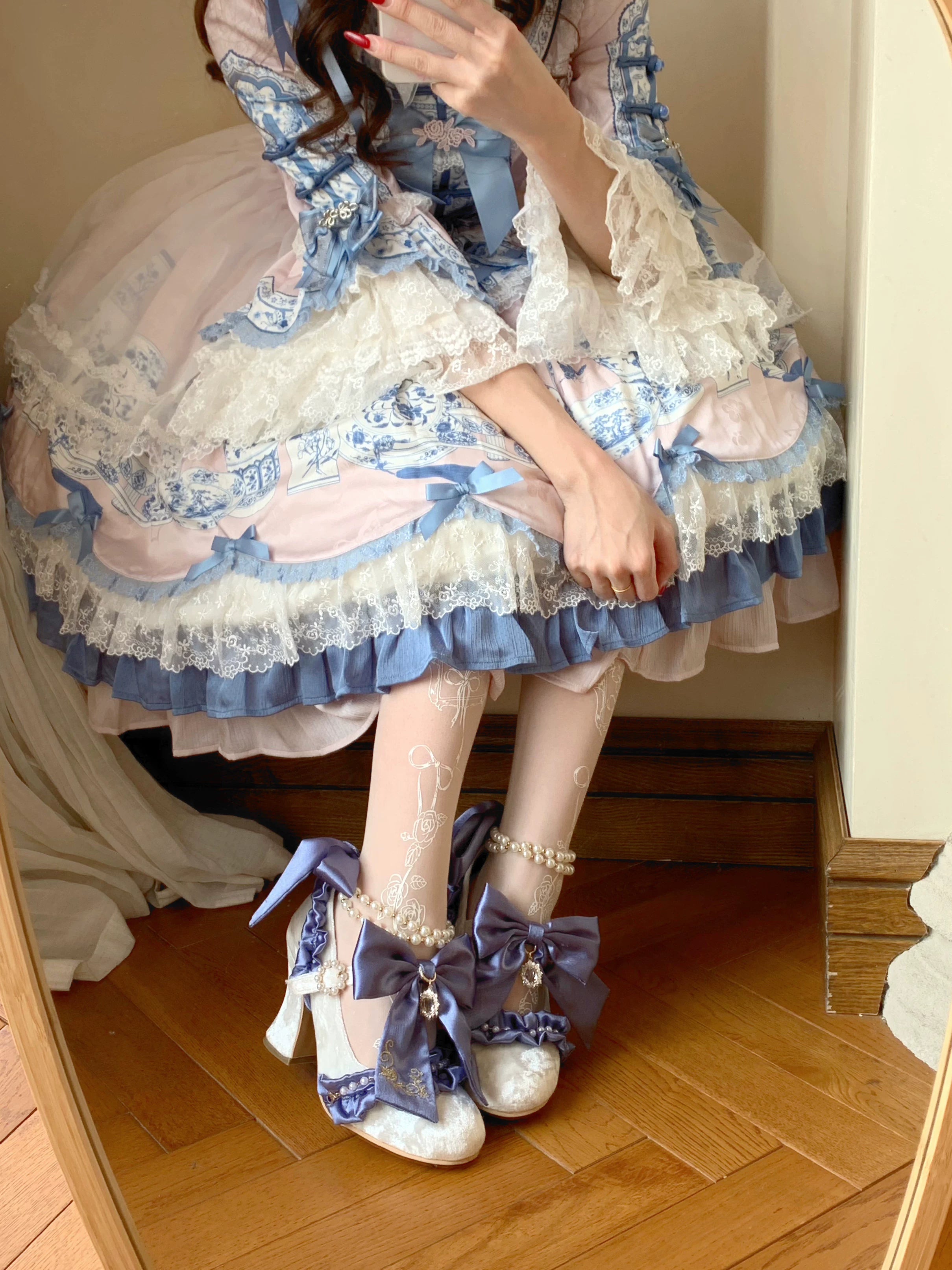 Ribbon Anthem - Wedding Classic Lolita Heels, Detachable Bow & Pearl Ribbon (34 35 36 37 38 39 40 41) 44844:825868