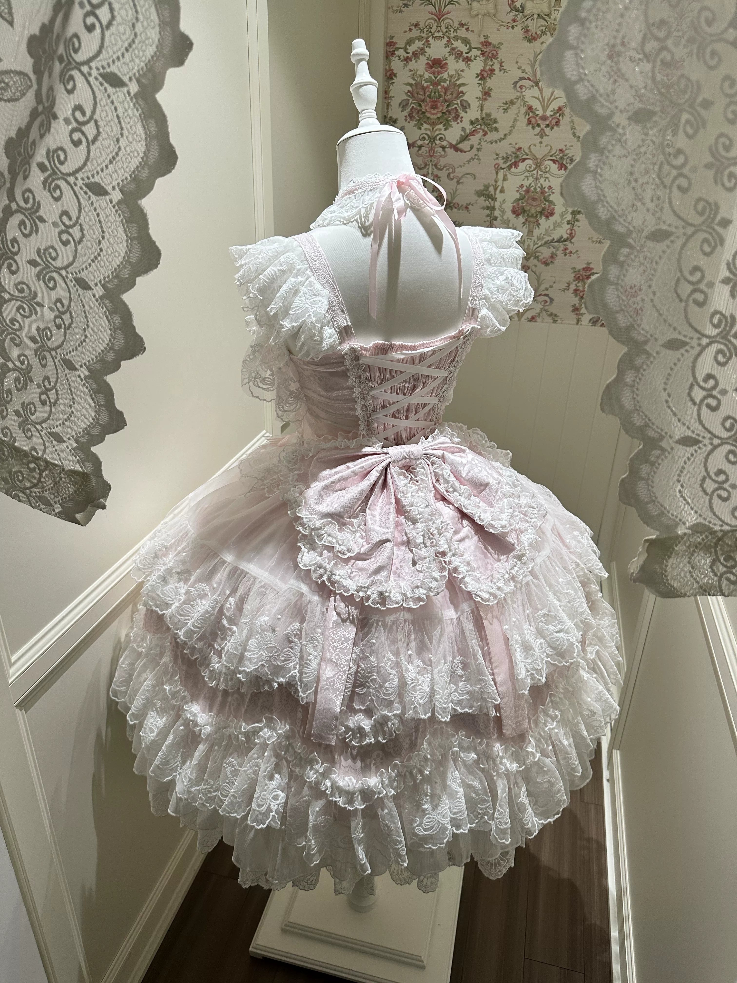 Sakura Blossom Dream - Dreamy Sweet Lolita JSK Dress, Abundant Lace & Bows Pink - JSK + Back Trailing Bow S