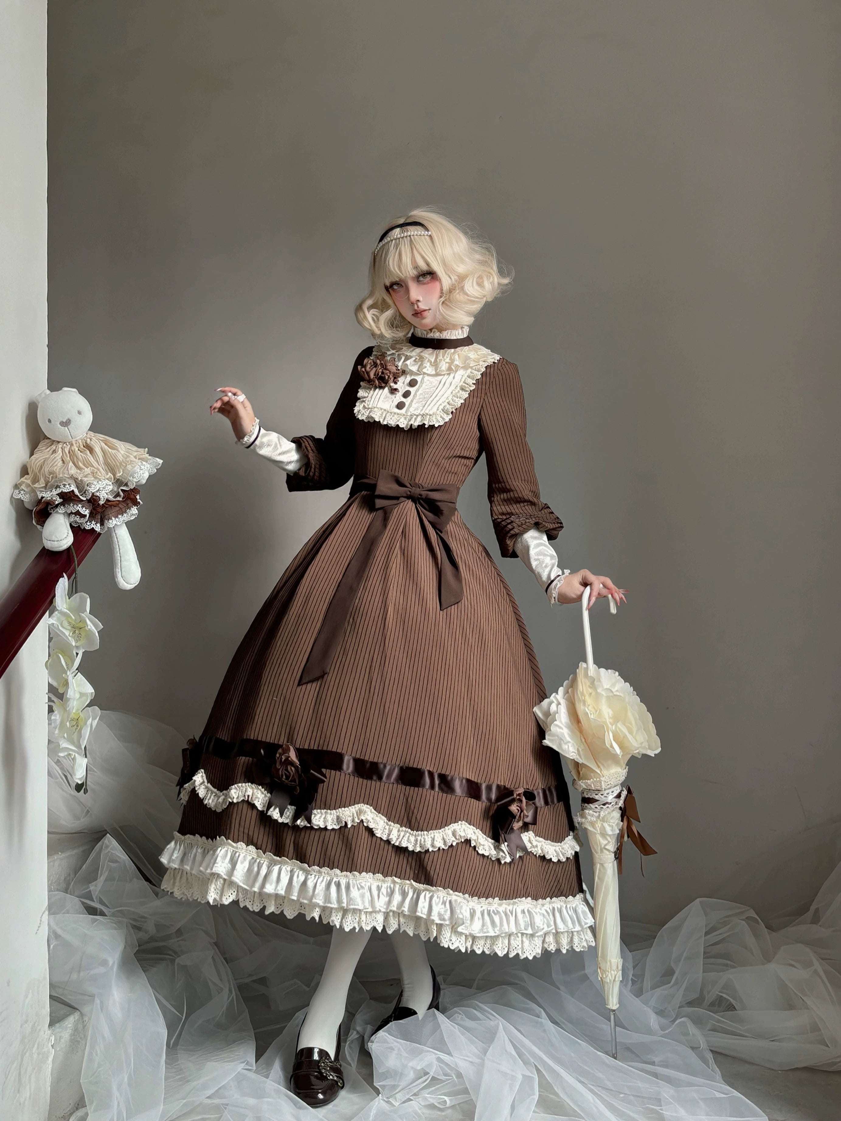 Muyu Handmade Studio - Evening Whispers of London - Brown Classic Lolita OP Dress, Mermaid Skirt Outfit 43993:791968