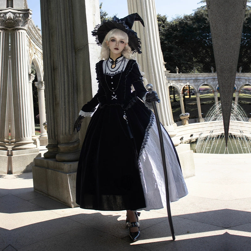 With Puji - Innocent Talk - Halloween Chinese Style Lolita OP Black-silver Gray Dress
