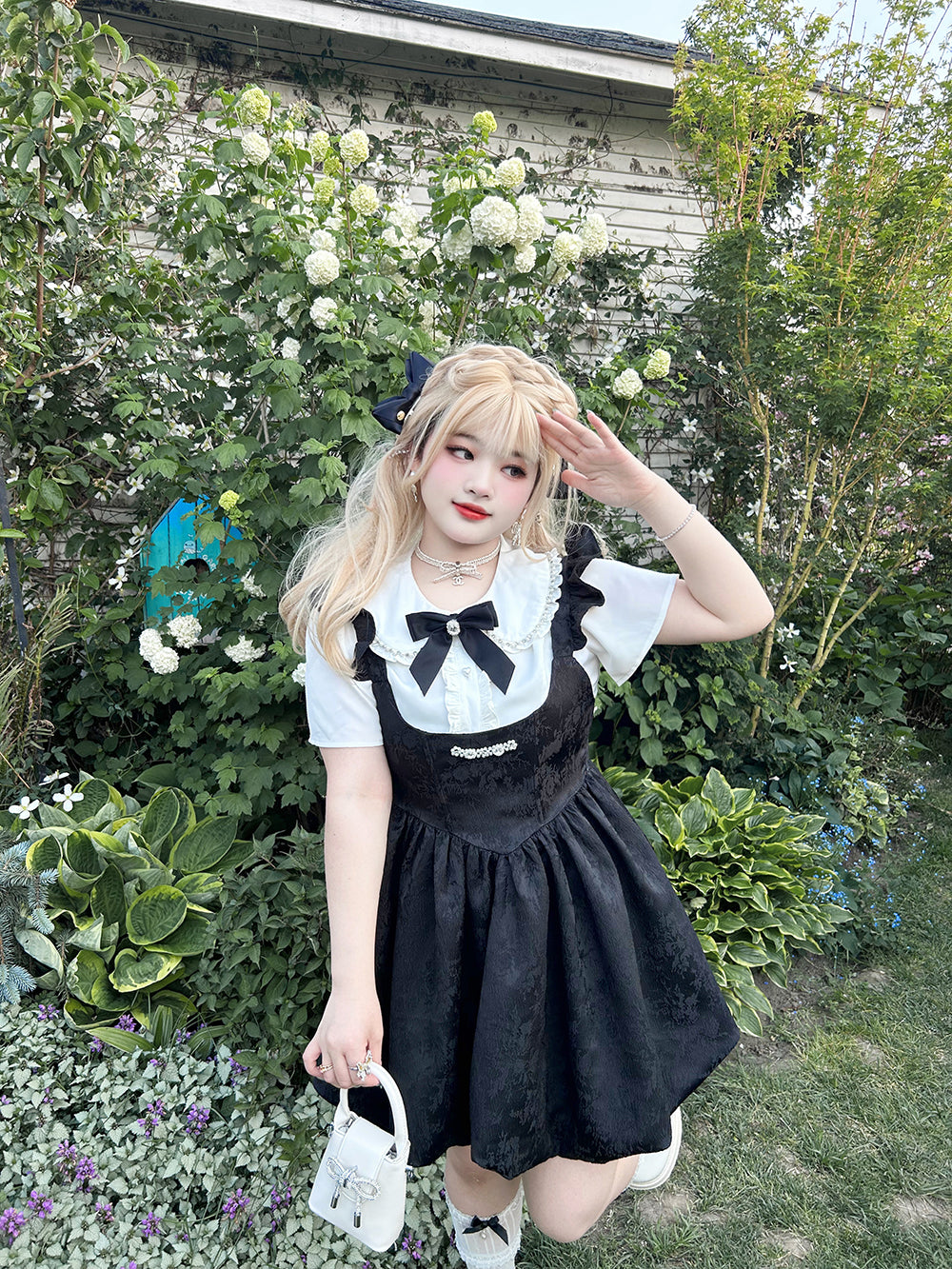 Yingtang - Plus Size Lolita Dress Set Short Sleeve Shirt L pod rhinestone straps dress