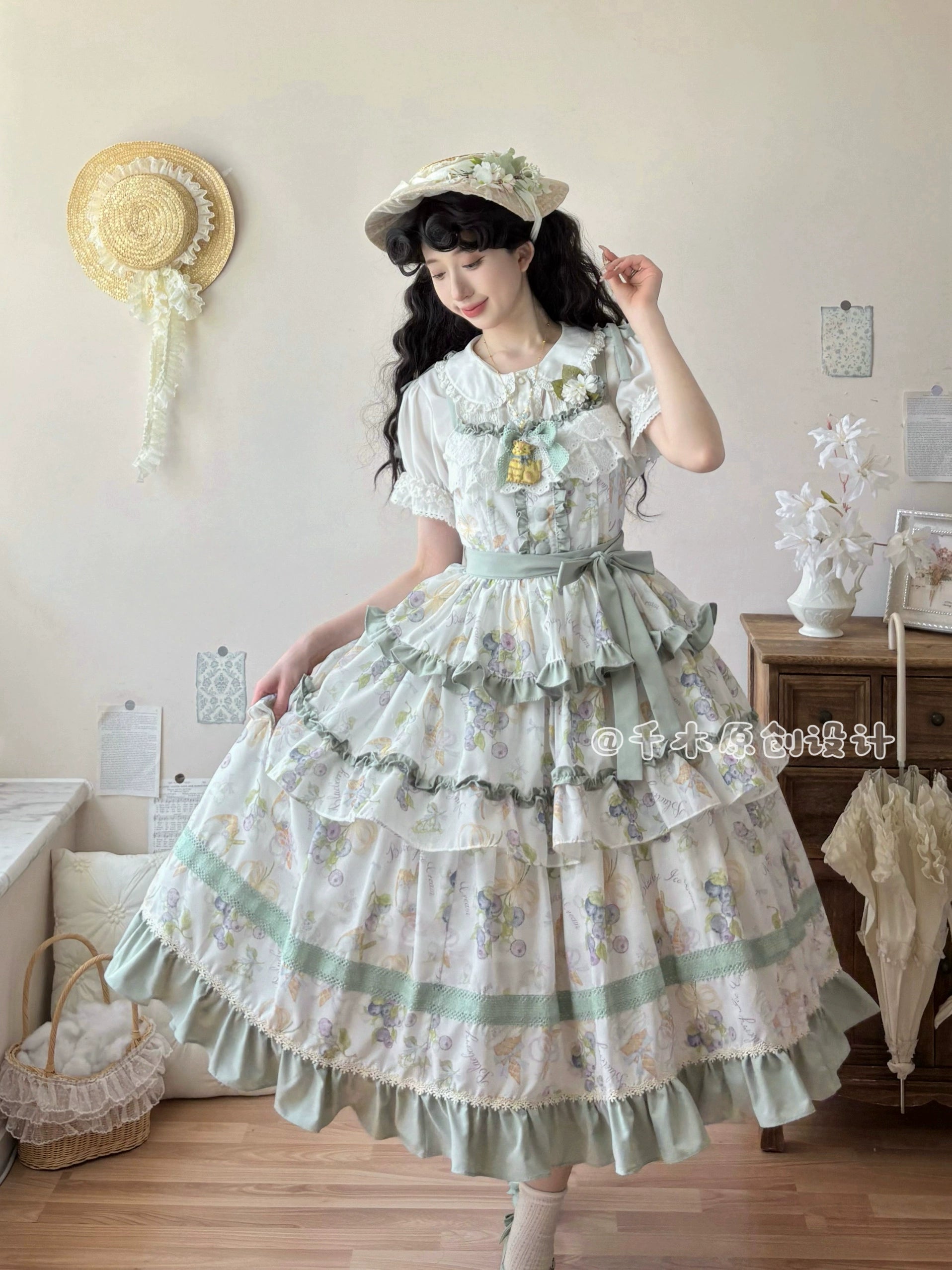 Qianmu - Blueberry Midsummer - Country Lolita Tiered JSK, Blueberry Print 44322:805564