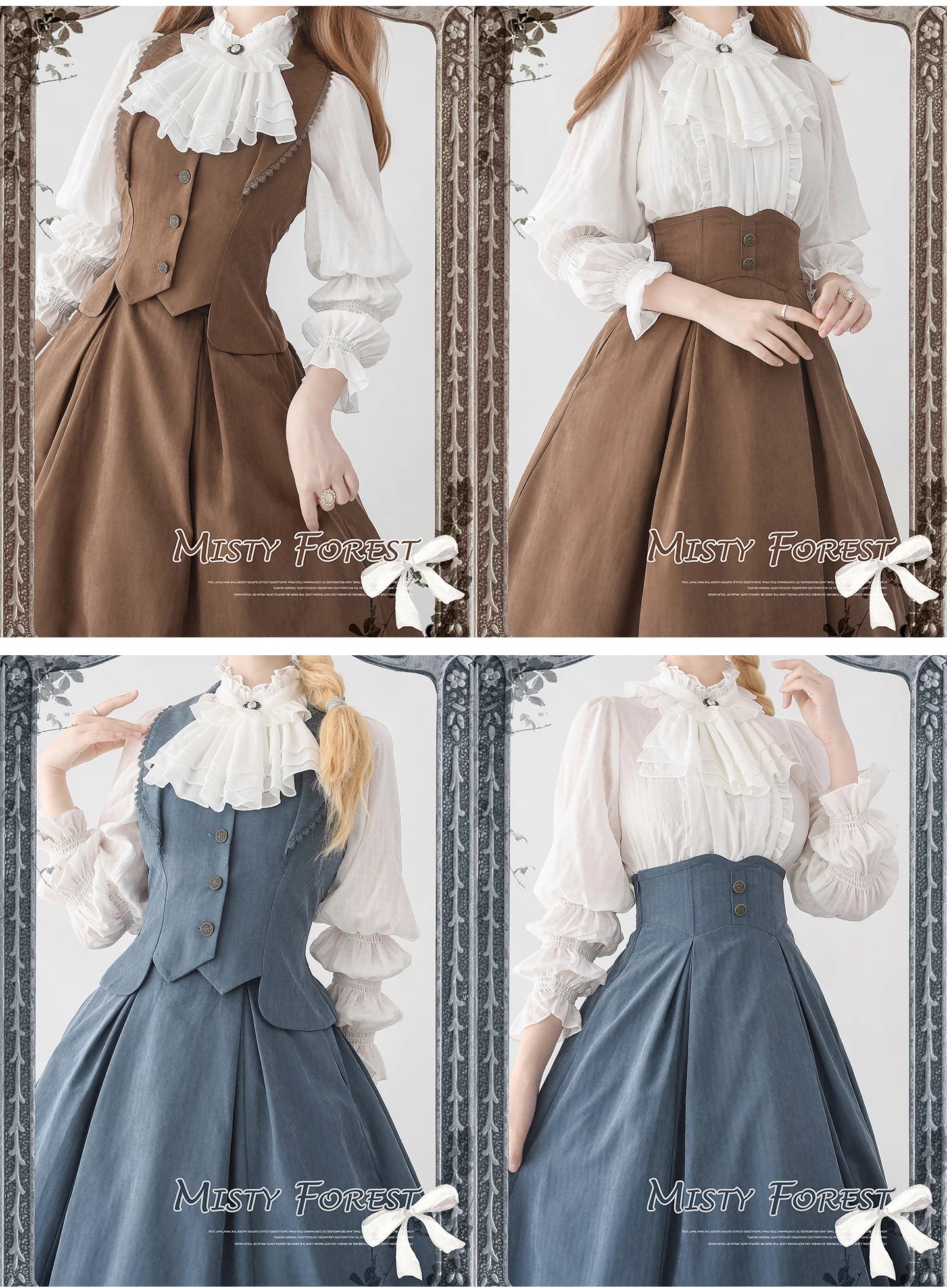 Misty Forest - White Classic Lolita Long Sleeve Blouse, Detachable Jabot