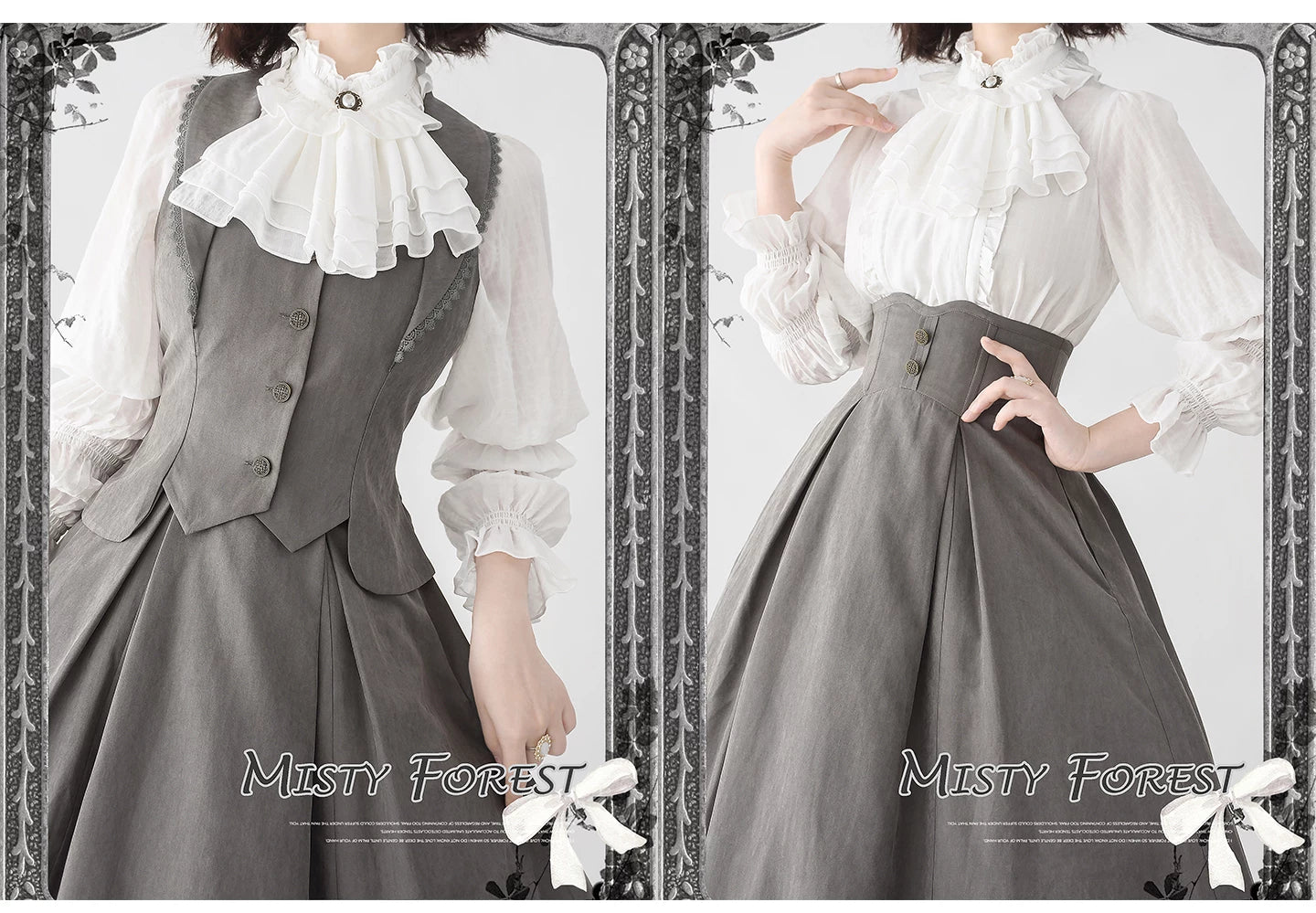 Misty Forest - White Classic Lolita Long Sleeve Blouse, Detachable Jabot