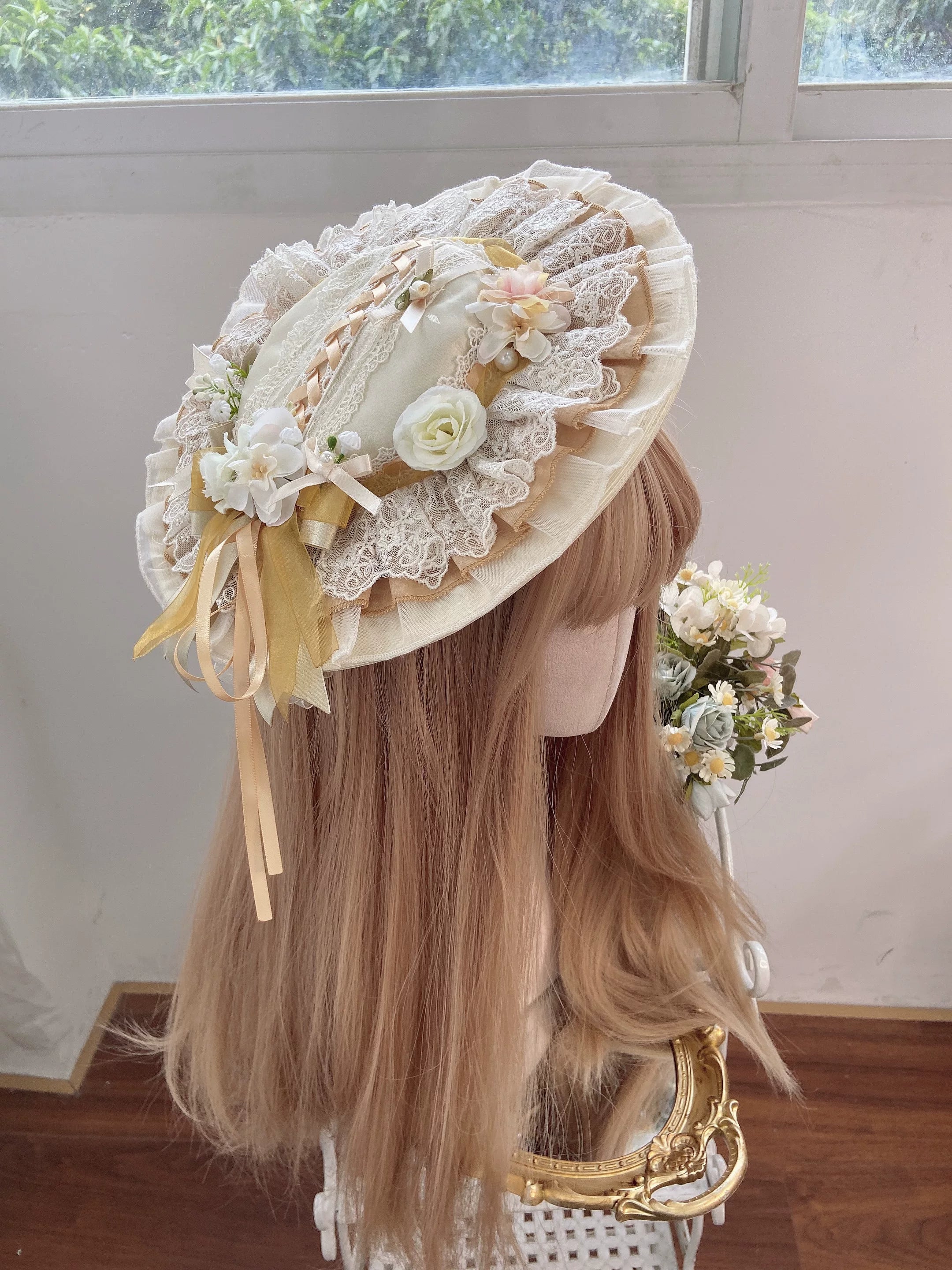 Yellow Blossom & Rose - Sweet Lolita Floral Embroidery JSK, Drawstring Lift-up Hem Yellow - Hat Only S